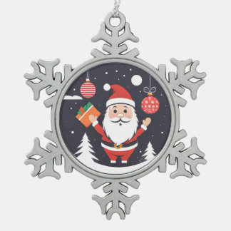 Adorable Pewter Christmas Santa Snowflake Pewter Christmas Ornament
