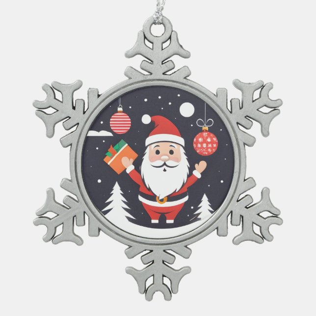 Adorable Pewter Christmas Santa Snowflake Pewter Christmas Ornament (Front)