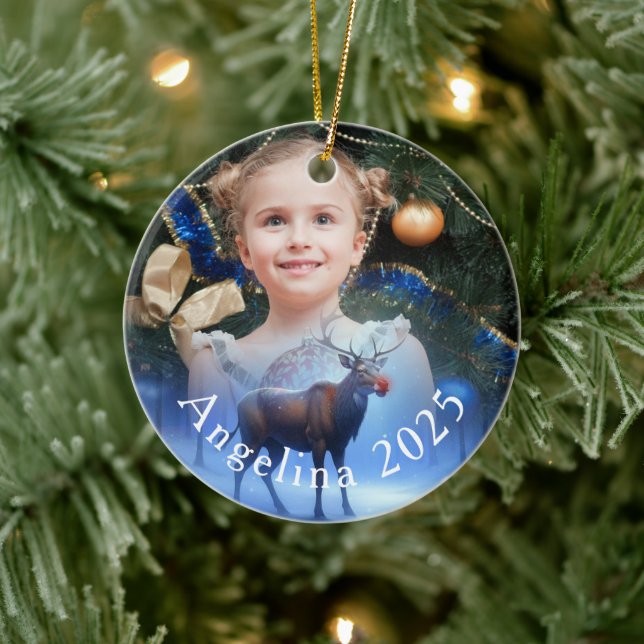 Adorable Photo Custom Reindeer Winter Wonderland  Ceramic Ornament (Tree)