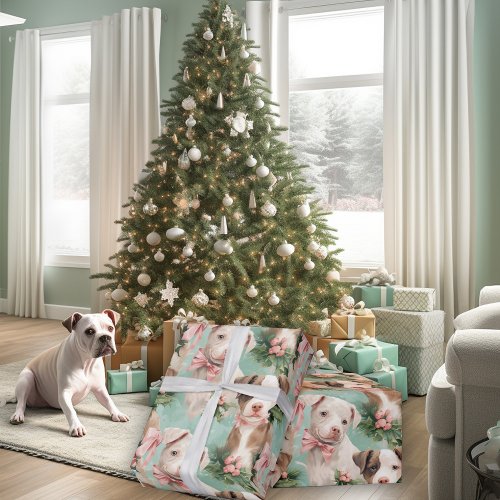 Adorable Piebald Pitbull Christmas Pups Mint Green Wrapping Paper