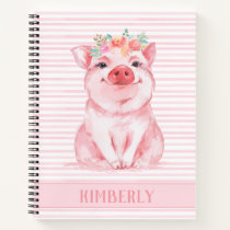Adorable Pig Pink Stripes Personalized Notebook