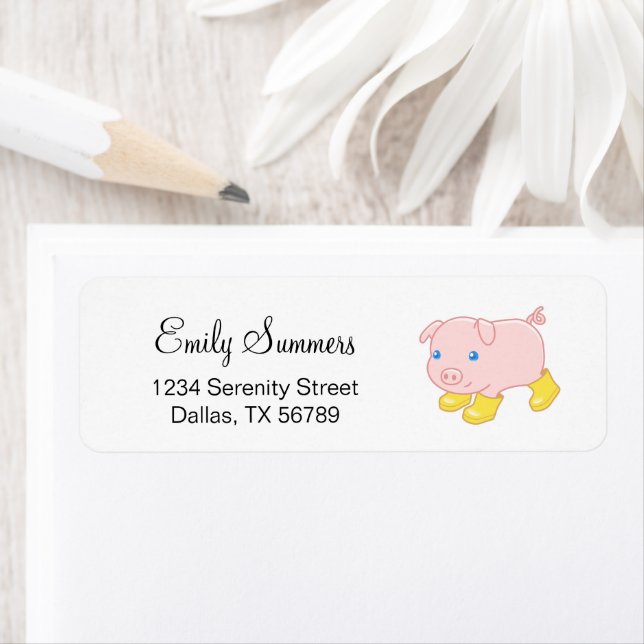Adorable Piglet Pig in Yellow Rubber Boots Label (Insitu)
