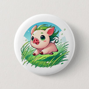 Adorable piglet with green hair running button