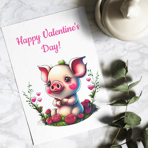 Adorable Piglet With Hearts Hogs Kisses Valentine Holiday Card