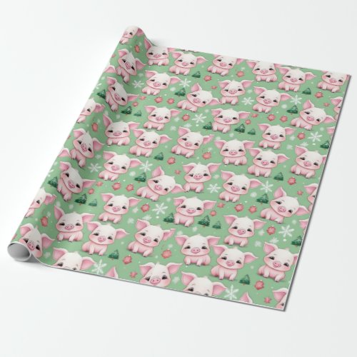 Adorable Piglets for Christmas Green Holiday Wrap Wrapping Paper