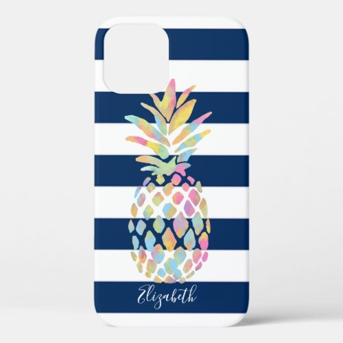 Adorable Pineapple Navy Blue Striped_Personalized iPhone 12 Case