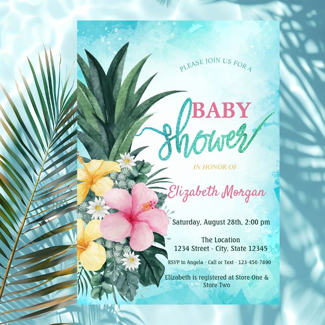 Adorable Pineapple Tropical Flowers Baby Shower Invitation (Creator Uploaded)