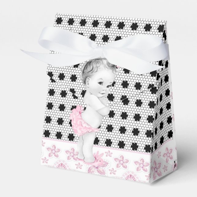 Adorable Pink and Black Baby Shower Favor Boxes (Front Side)