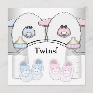 Adorable Pink and Blue Sheep Twin Baby Shower Invitation