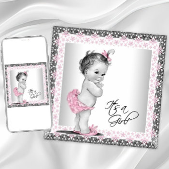 Adorable Pink And Gray Baby Girl Shower Invitation by The_Vintage_Boutique at Zazzle