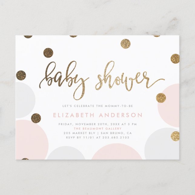 Adorable Pink and Gray Pastel Bubbles Baby Shower Invitation Postcard (Front)