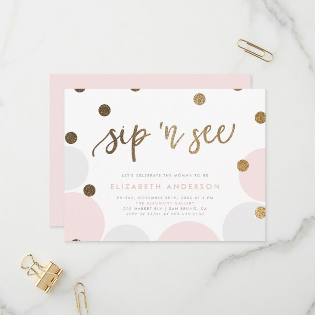 Adorable Pink and Gray Pastel Bubbles Sip & See Invitation Postcard (Front/Back In Situ)