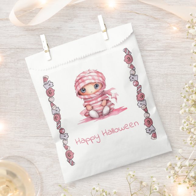 Adorable Pink and White Mummy Happy Halloween Favor Bag (Clipped)