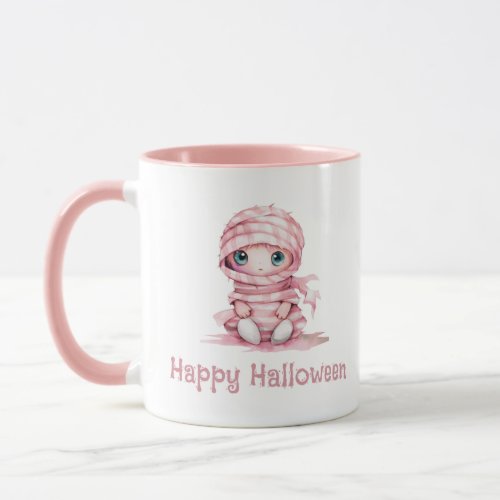 Adorable Pink and White Mummy Happy Halloween Mug