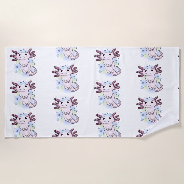 Adorable pink axolotl cartoon beach towel (Front)