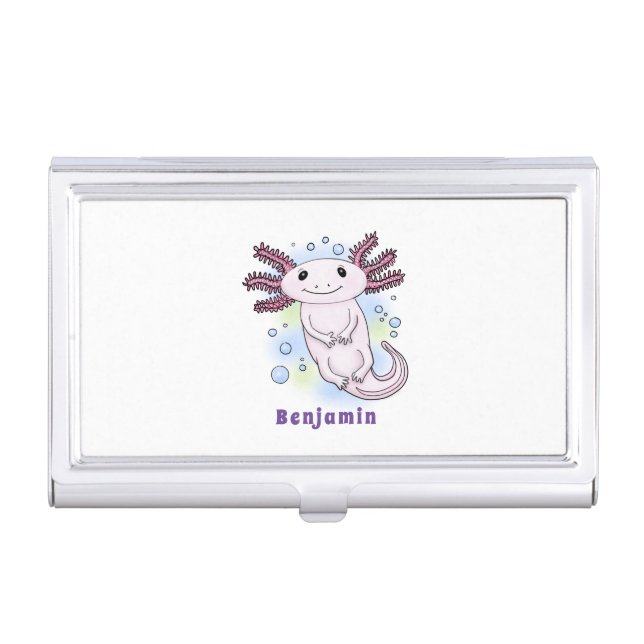 Adorable pink axolotl cartoon business card case (Front)