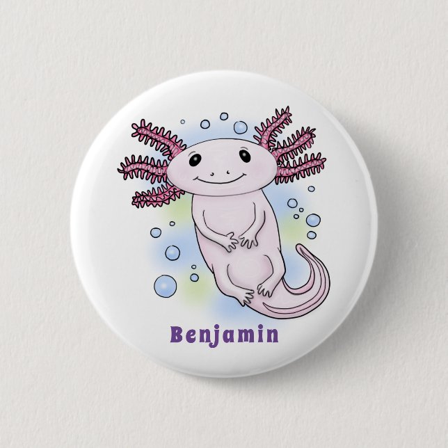 Adorable pink axolotl cartoon button (Front)