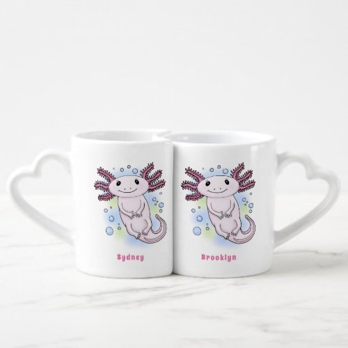 Adorable pink axolotl cartoon coffee mug set