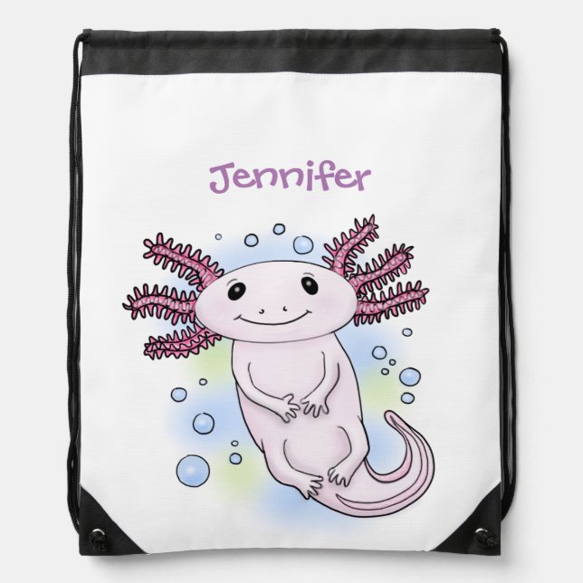 Adorable pink axolotl cartoon drawstring bag (Front)