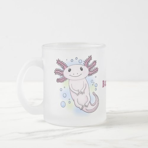 Adorable pink axolotl cartoon frosted glass coffee mug