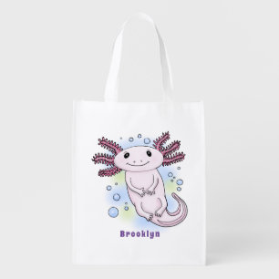 Adorable pink axolotl cartoon grocery bag