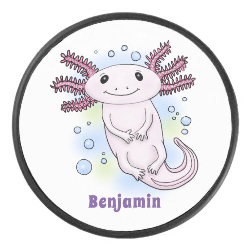 Adorable pink axolotl cartoon hockey puck