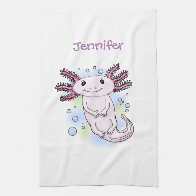 Adorable pink axolotl cartoon kitchen towel (Vertical)