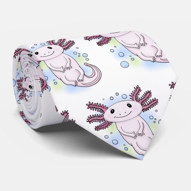 Adorable pink axolotl cartoon neck tie (Rolled)