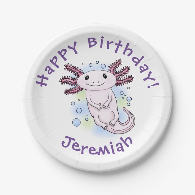 Adorable pink axolotl cartoon paper plates (Front)