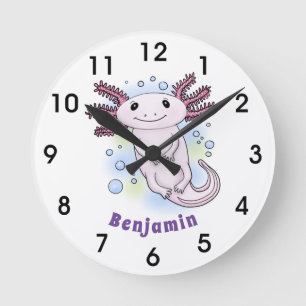 Adorable pink axolotl cartoon round clock