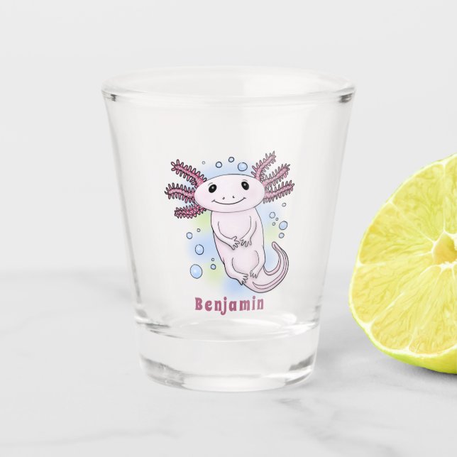 Adorable pink axolotl cartoon  shot glass (Front)