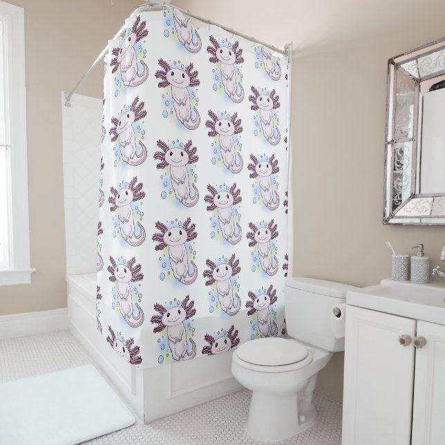 Adorable pink axolotl cartoon shower curtain (In Situ)