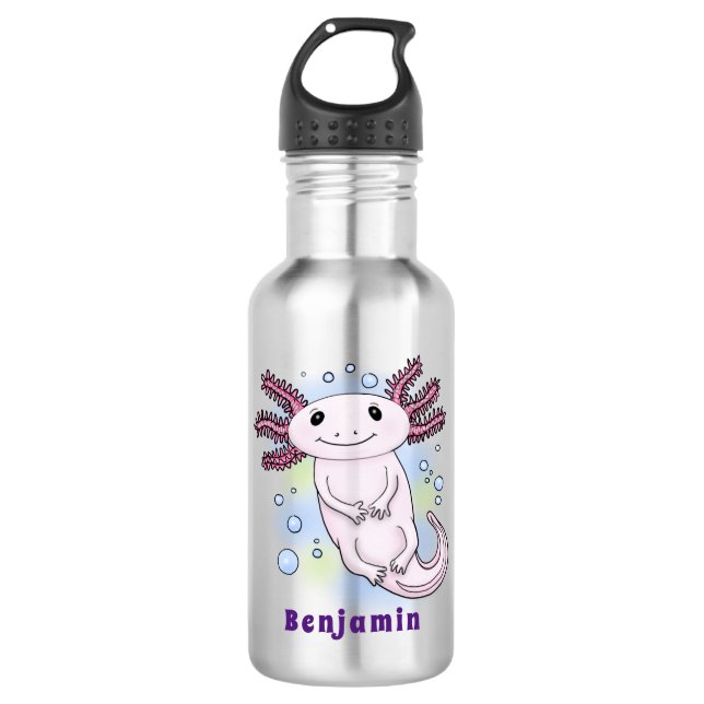 Adorable pink axolotl cartoon stainless steel water bottle (Front)