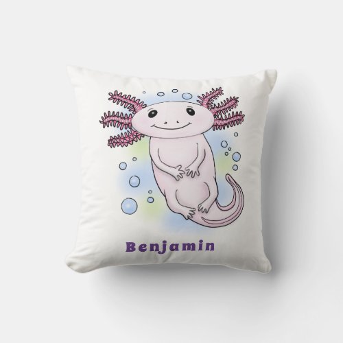 Adorable pink axolotl cartoon throw pillow