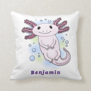 Adorable pink axolotl cartoon throw pillow