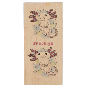 Adorable pink axolotl cartoon wood flash drive