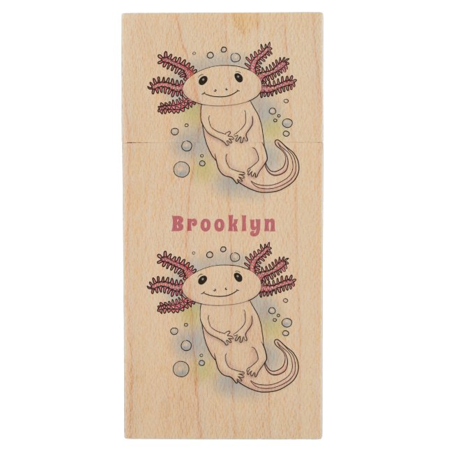 Adorable pink axolotl cartoon  wood flash drive (Front Vertical)