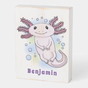 Adorable pink axolotl cartoon wooden box sign