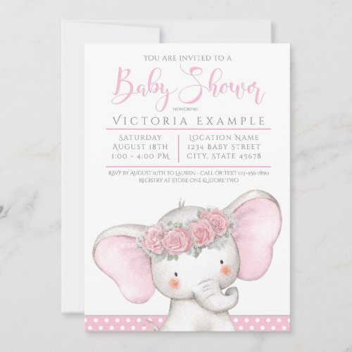 Adorable Pink Baby Girl Elephant Baby Shower Invitation