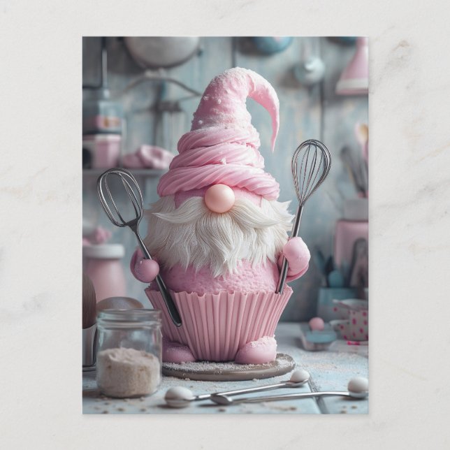  Adorable Pink Baking Gnome Cupcake Holiday Postcard (Front)