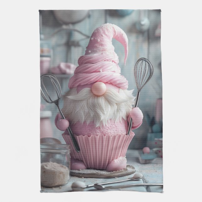 Adorable Pink Baking Gnome Cupcake Kitchen Towel (Vertical)