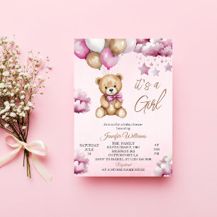 Adorable Pink Balloons Teddy Girl Baby Shower Invitation