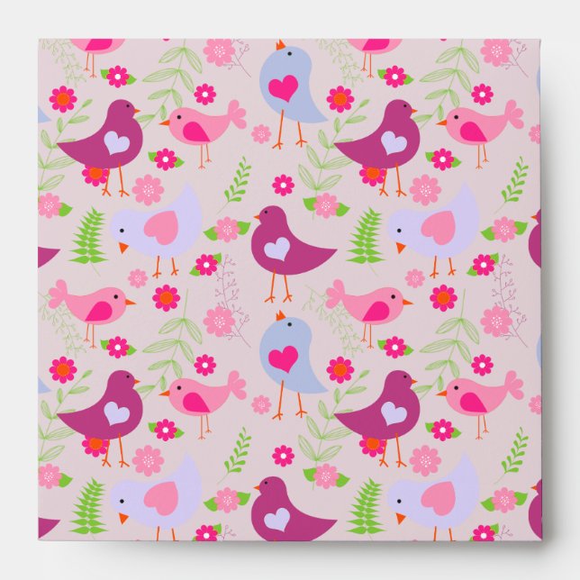 Adorable Pink Birds and Flowers | Valentine's Day Envelope (Front)