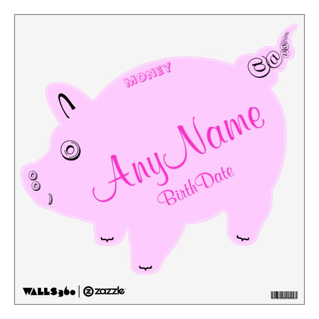 Adorable Pink Birth Stats Piggy Bank Wall Decal (Front)