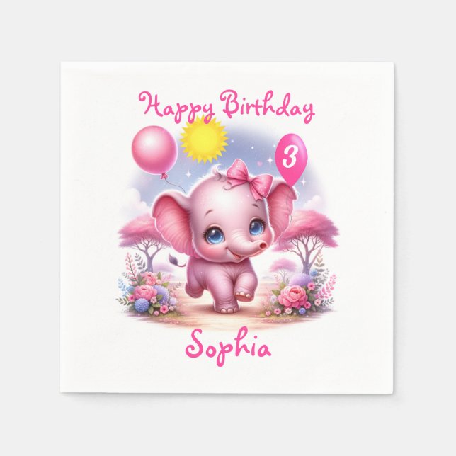 Adorable Pink Birthday Elephant with Balloons Napkins (Front)