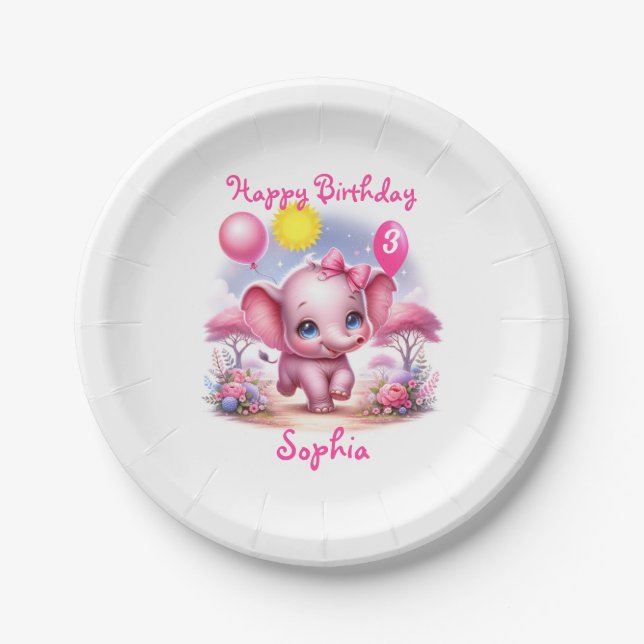 Adorable Pink Birthday Elephant with Balloons Paper Plates (Front)
