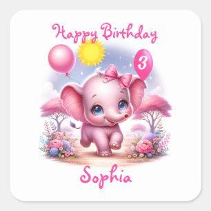 Adorable Pink Birthday Elephant with Balloons Square Sticker