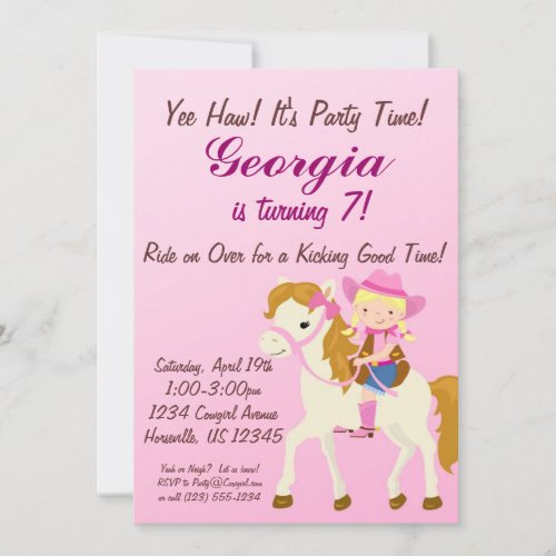 Adorable Pink Blonde Cowgirl Birthday Party Invite