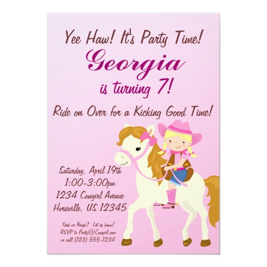 Adorable Pink Blonde Cowgirl Birthday Party Invite