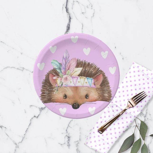 Adorable Pink Boho Chic Hedgehog  Paper Plates (Creator Uploaded)